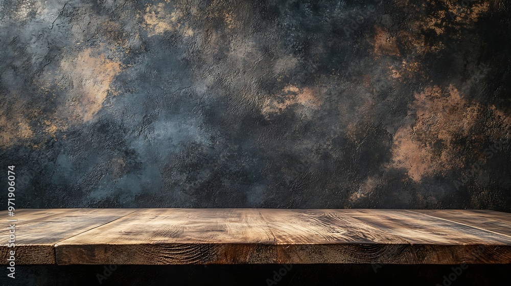 Leinwandbilder empty wooden oak tabletop with dark black cement stone background for product displayed in rustic mo