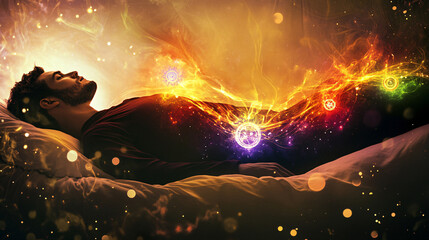 meditating, Yoga meditation outdoors. Glowing seven all chakra. person sits in a Salute pose, Kundalini energy. 
