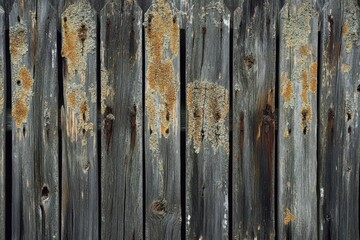 Fototapeta premium Weathered Wood Fence With Yellow Lichen