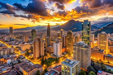 Obraz premium Panoramic view of Bogota's modern cityscape at dusk, featuring towering skyscrapers, historic buildings, and majestic Andean mountains in the background, warm golden light illuminating the scene.