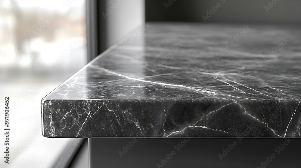Poster grey marble table corner at  foreground used as product displayed isolated on background with clipping path perspective view of luxury emperador marble table showing edge of table : Generative AI
