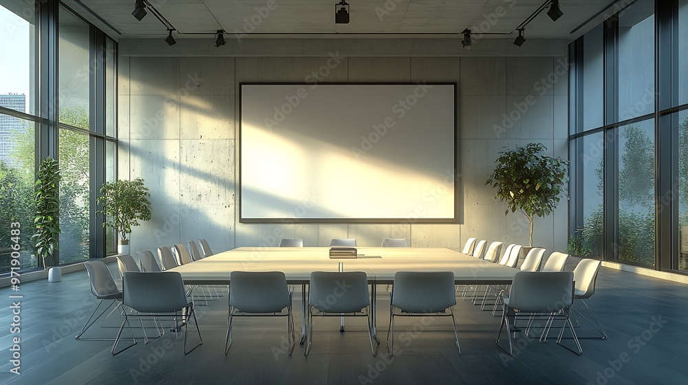 Poster empty modern conference room for presentations with big screen : generative ai