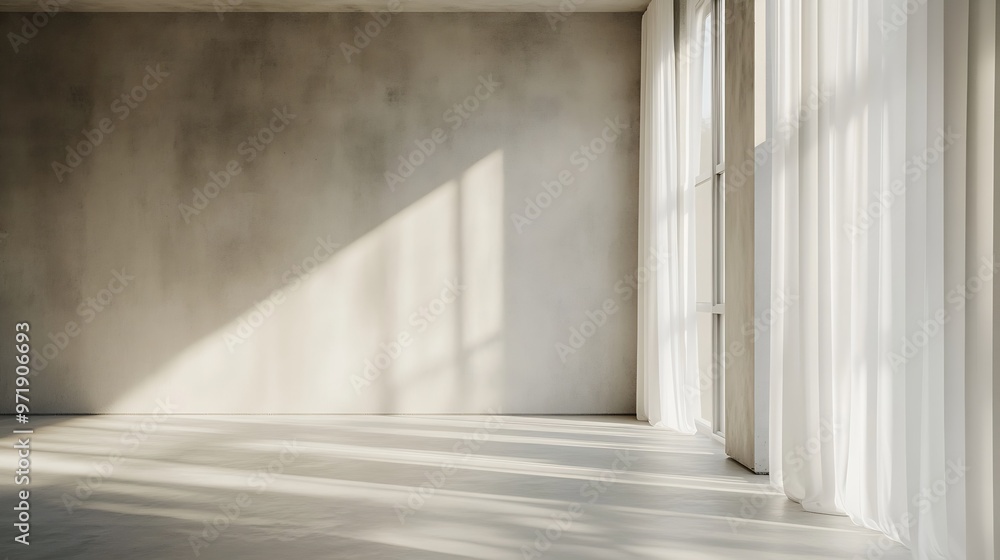 Aufkleber empty room with shade from window light and white curtains minimal interior with concrete wall and f