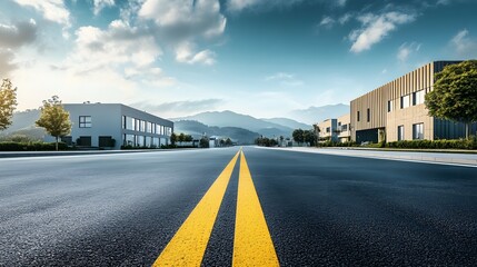 Empty Asphalt Road Leading Through Modern Buildings and Mountains