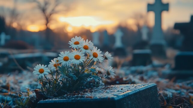 Dusk at a winters English cemetery seen with infocus flowers in a burial plot : Generative AI