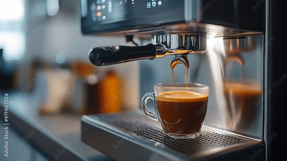 Poster a modern coffee machine in action brewing a fresh cup of coffee The machine is sleek and stylish with shiny metal accents and illuminated buttons that give it a hightech appearance : Generative AI
