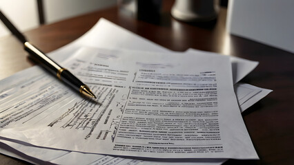 Realistic Image of a Contract Paper on a Professional Desk with Business Documents, Pen, and Office Supplies in a Corporate Workspace Setting