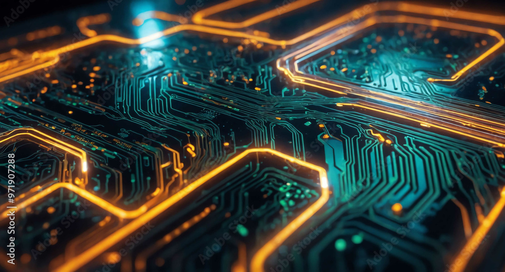 Poster glowing circuit board lines swirl abstract background