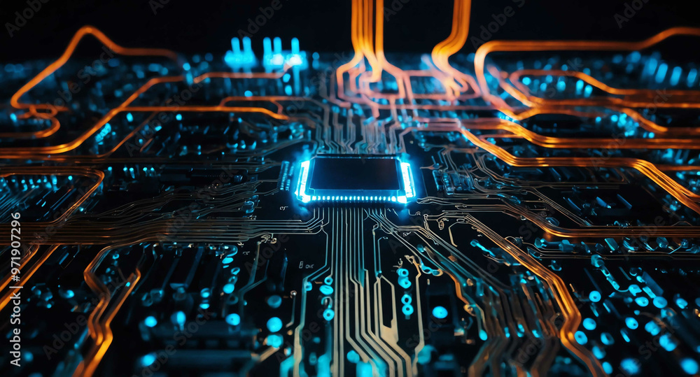 Poster glowing circuit board lines swirl abstract background