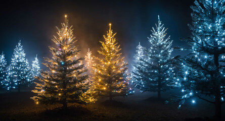 Glowing Christmas tree lights fog abstract background