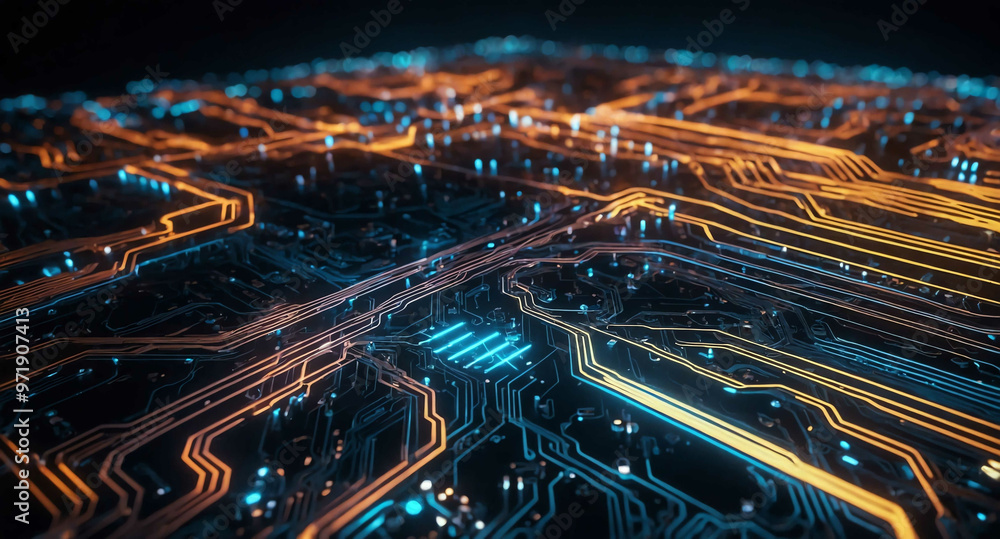 Poster glowing code stream with circuits abstract background