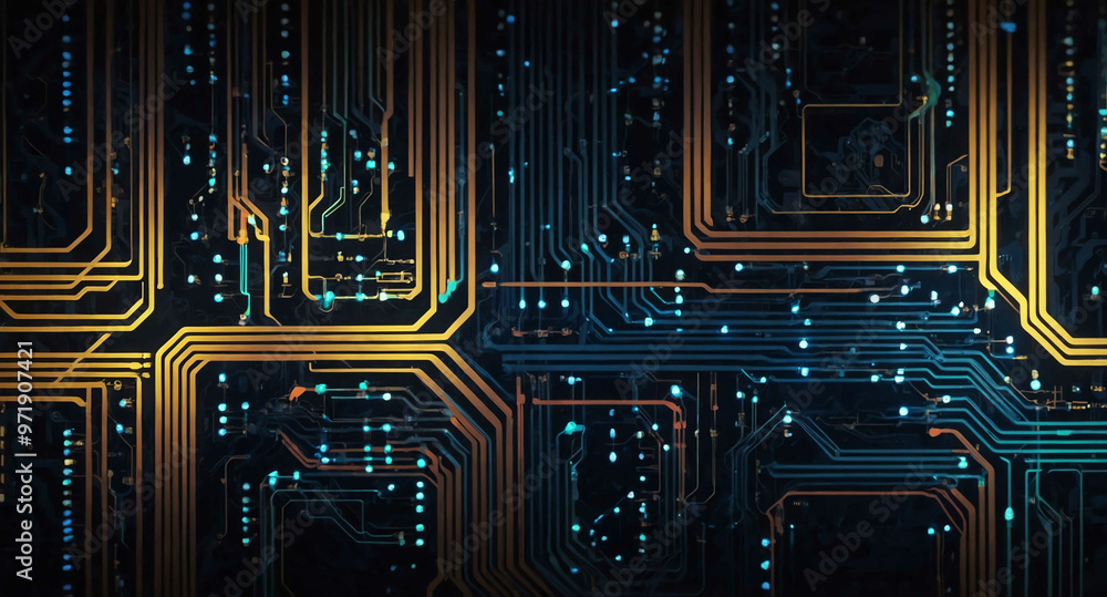 Poster glowing code stream with circuits abstract background