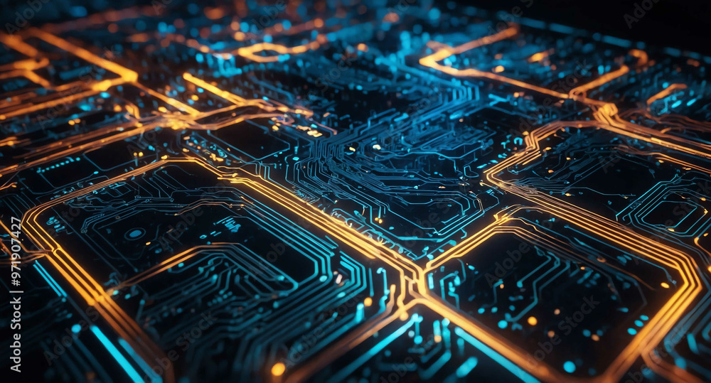 Poster glowing code stream with circuits abstract background