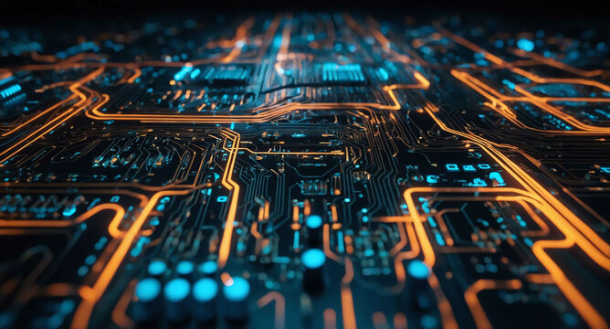 Glowing code stream with circuits abstract background