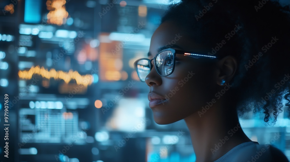 Aufkleber Office computer hologram or night person reading future administration dashboard research chart or ui software Digital transformation cloud computing overlay and black woman work on da : Generative AI