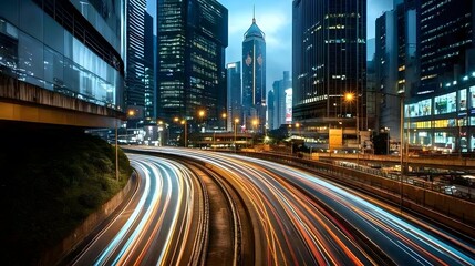 Cityscape with Light Trails on a Highway in Hong Kong