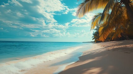 Amazing nature beach sand with palm trees and moody sky Tranquil summer vacation travel holiday background concept Island resort hotel paradise beach Luxury travel summer holiday backg : Generative AI