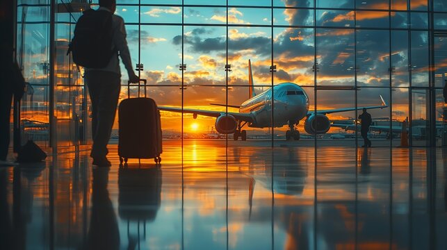 Airplane passengers baggage at airport terminal hall travel vacation and transportation concept : Generative AI