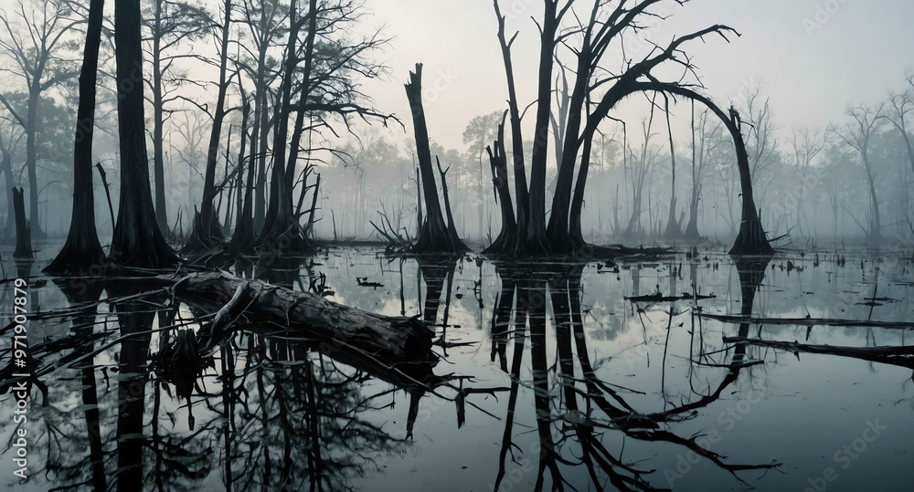 Canvas Prints Foggy swamp with dead trees background