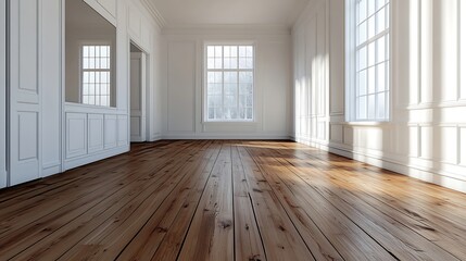 an empty room with wood floors and white cupboards on the left side of the room there is a mirror in the wall : Generative AI