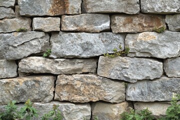 Close-up of a Stone Wall with Plants Growing in the Cracks