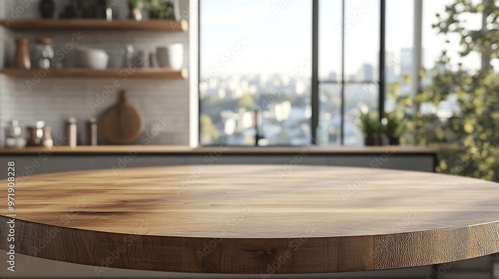 Poster empty beautiful round wood tabletop counter on interior in clean and bright kitchen background ready