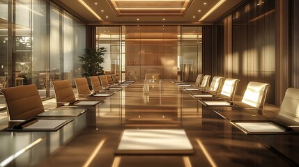 luxurious meeting room in a big corporation is sepia style with agenda notepad for conference : Generative AI