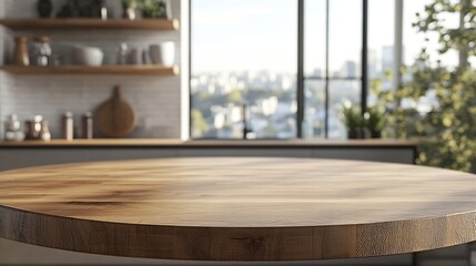 Empty beautiful round wood tabletop counter on interior in clean and bright kitchen background Ready for display Banner for product montage : Generative AI