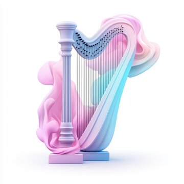 recommend clip art: A glowing enchanted harp with swirling magic, fantasy instrument, pastel colors, isolated on white background