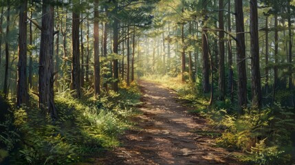 Fototapeta premium Path through a forest at sunset generative ai