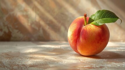A peach with a single leaf atop it, sunlight filtering through the background.