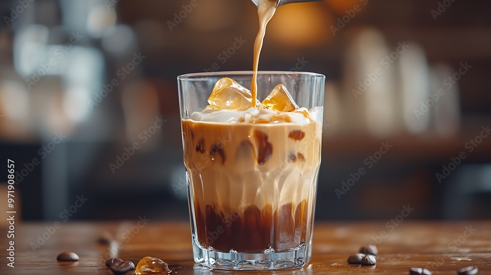 Poster ice coffee or latte with cream being poured into it a glass : generative ai