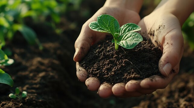 Farmer hands plants and gardening soil in sustainability eco friendly farming and vegetables in agriculture Worker or Person palm with sprout growth and fertilizer for agro project in  : Generative AI