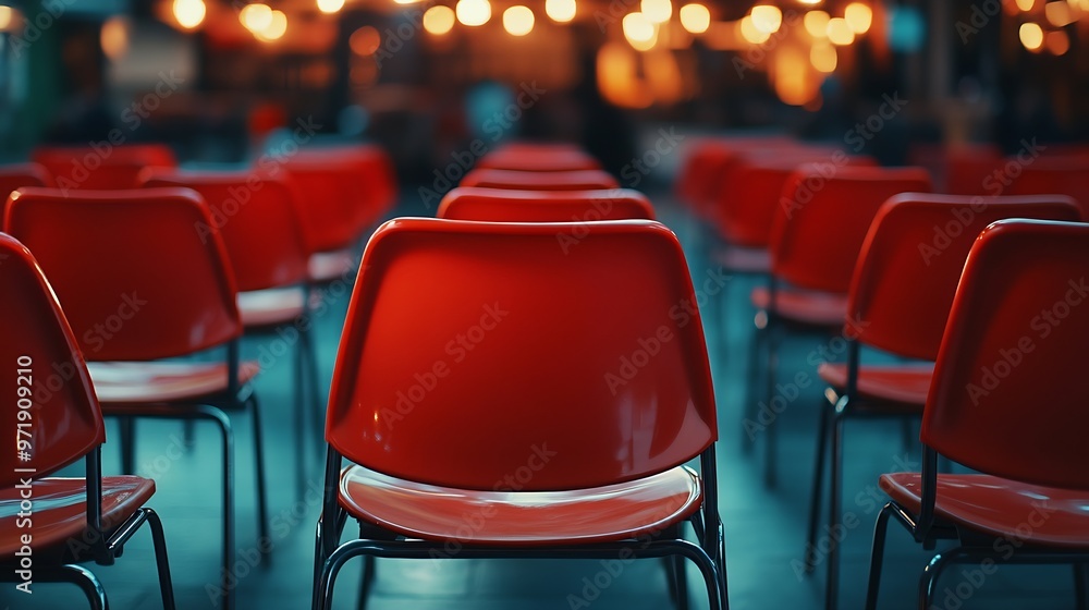 Poster ranges of empty red chairs closeup shot : generative ai