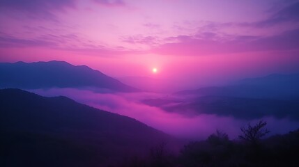 Naklejka premium Romantic landscape sunset foggy mountain in evening twilight Beautiful landscape foggy hills twilight time Beautiful Purple sky sunrise dramatic landscape mountain Dawn sky dusk time c : Generative AI