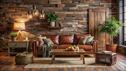 Richly textured, earthy tones of brown abound in this warm and inviting scene, featuring rustic wooden planks, worn leather, and natural stone elements.