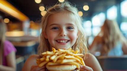 Kids eating fastfood Unhealthy junk food Children eat burger chips und chicken nuggets in fast food cafe Boy and girl having lunch Quick snack for family French fries and hamburger for : Generative AI
