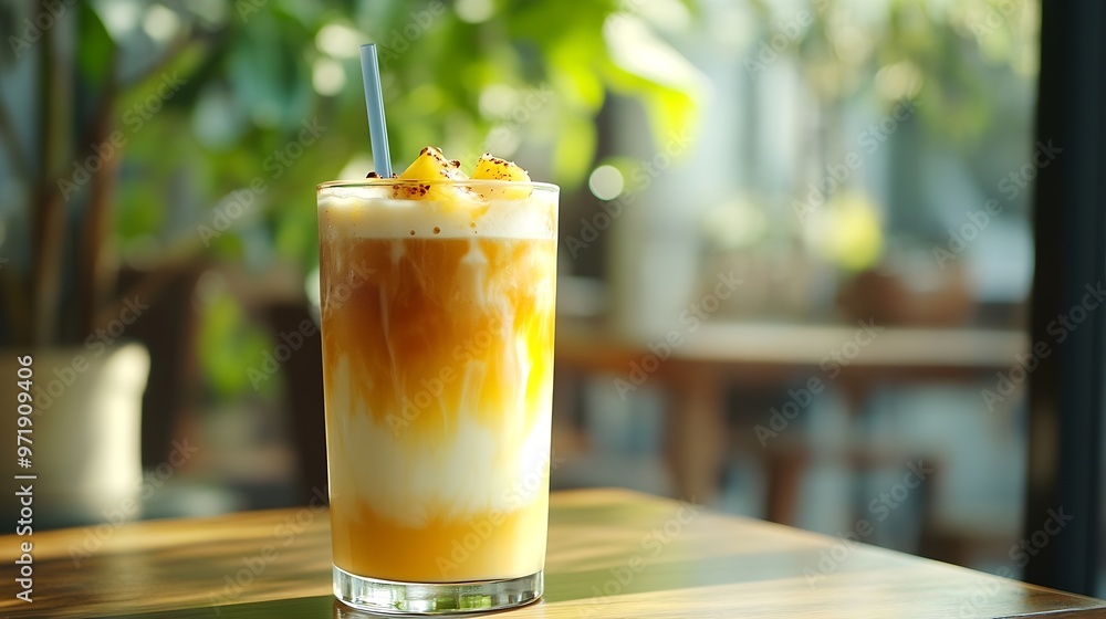 Leinwandbilder iced coffee with pineapple juice in a glass with a straw on the table on the summer terrace espresso