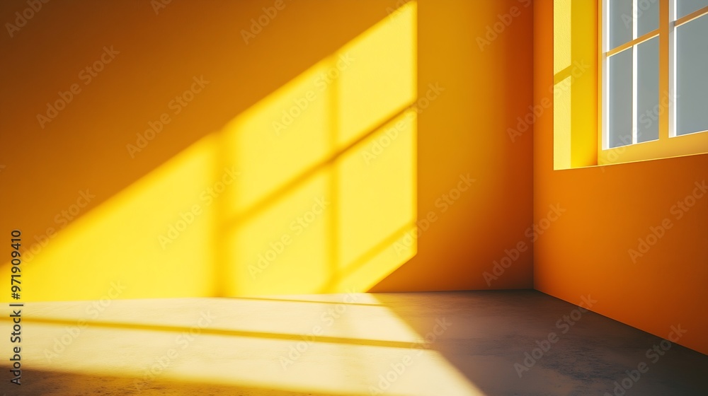 Poster Empty corner of yellow room with deep artistic shadow Minimalistic 3d space concept : Generative AI
