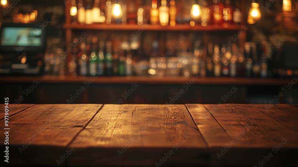 Aufkleber blurred background of bar and dark brown desk space of retro wood : generative ai