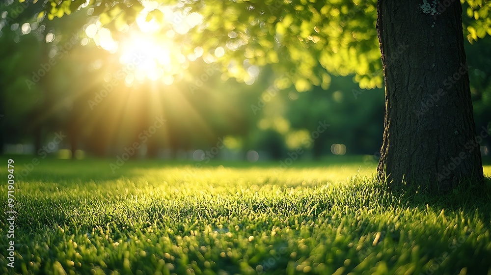 Poster blur background of sunlight shining though the tree with grass field soft light nature photography p