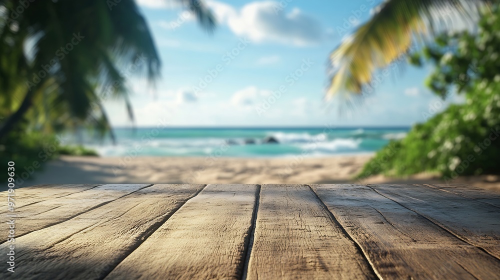 Poster blurred summer beach scene behind a wooden table ideal for placing summer advertising products and c