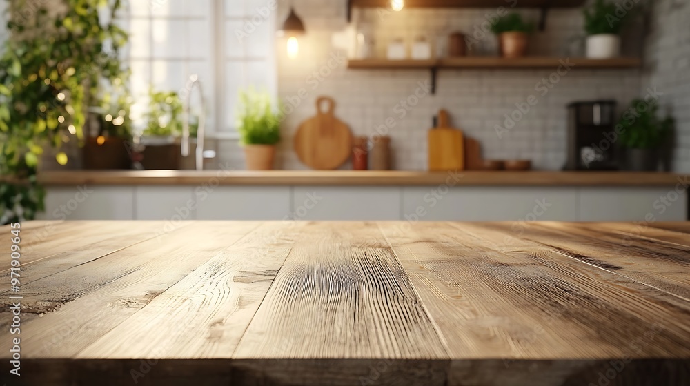 Poster empty beautiful wood table top counter and blur bokeh modern kitchen interior background in clean an