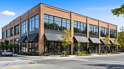 Brick building with storefront awnings and large windows