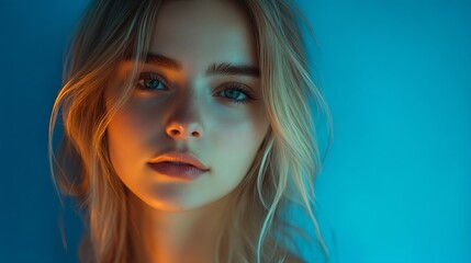 Young female with fair hair looking at camera against blue backdrop in studio with neon illumination : Generative AI