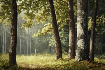 Obraz premium A Painting Depicting Sunlight Filtering Through a Dense Forest