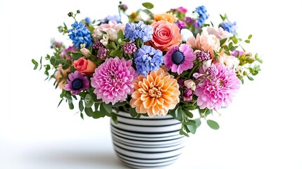 A colorful bouquet of fresh flowers in a striped vase on a white background A mix of summer colored flowers a bouquet for a holiday : Generative AI