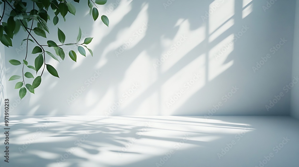 Aufkleber White Abstract Minimalistic Room studio background with leafs shadows and sunlight summer white room light clean empty background  place for product placement and design background bac : Generative AI