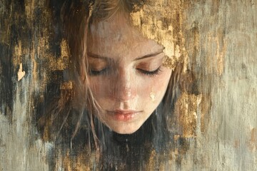 A Woman's Face Partially Hidden by Golden Paint and a Veil