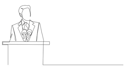 continuous line of successful businessman giving a speech on a pulpit.one line drawing of a business man making a speech in a public space.single line vector illustration.isolated white background